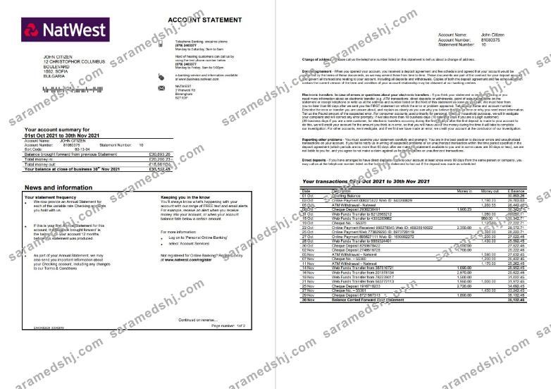United Kingdom NatWest bank account statement template in Word and PDF format, 2 pages